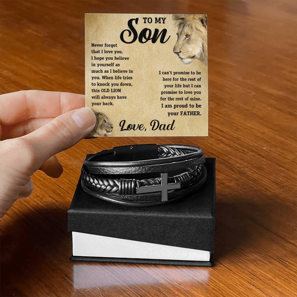 To My Son - I promise to love you for the rest of mine. Love, Dad. - Men's Cross Leather Bracelet