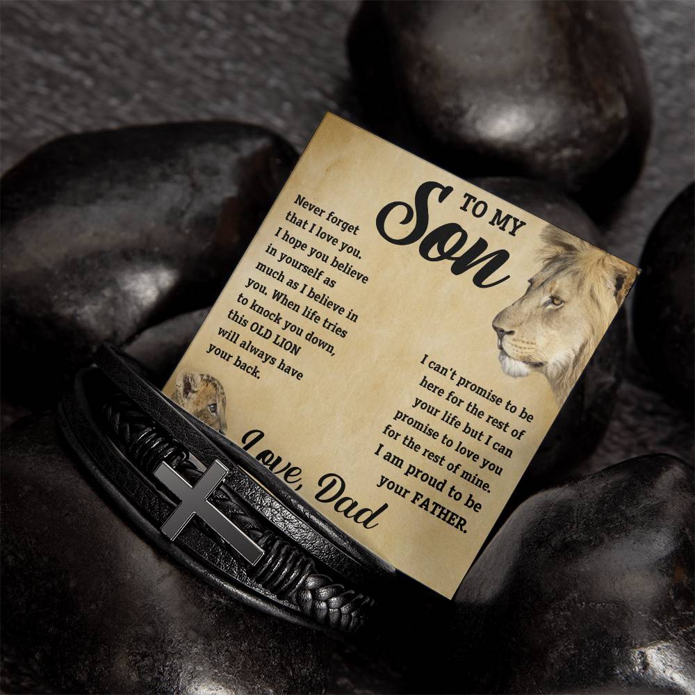 To My Son - I promise to love you for the rest of mine. Love, Dad. - Men's Cross Leather Bracelet