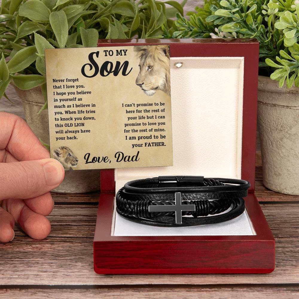 To My Son - I promise to love you for the rest of mine. Love, Dad. - Men's Cross Leather Bracelet