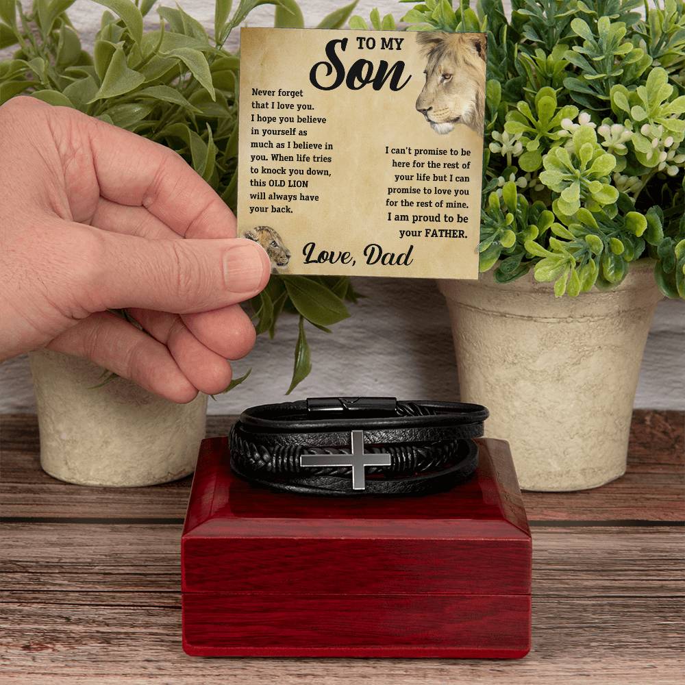 To My Son - I promise to love you for the rest of mine. Love, Dad. - Men's Cross Leather Bracelet