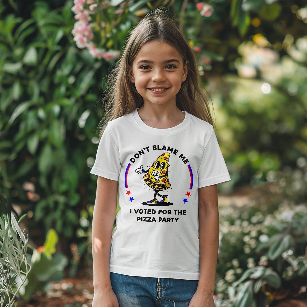 Youth Sized White T-shirt ~ Don't Blame Me, I Voted For The Pizza Party. Funny Political Parody kids shirt