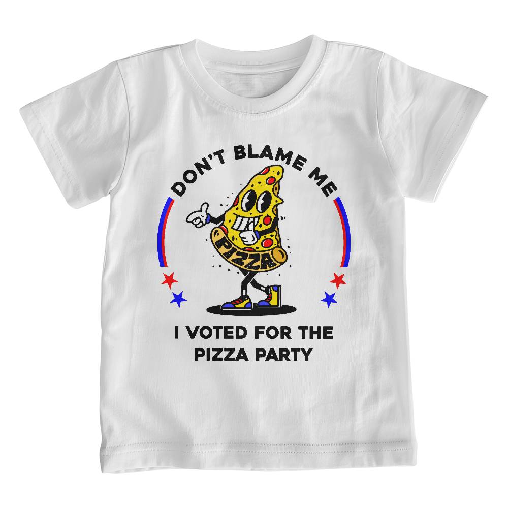 Youth Sized White T-shirt ~ Don't Blame Me, I Voted For The Pizza Party. Funny Political Parody kids shirt