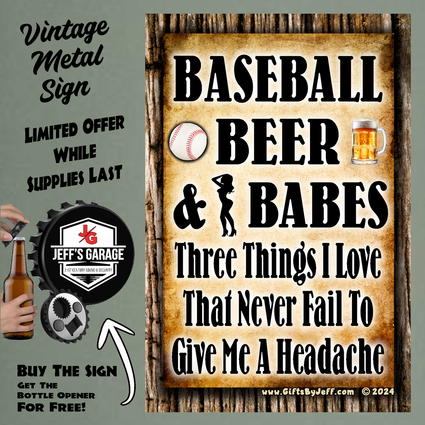 Baseball, Beer, Women - Three Things I Love - 12" x 18" Vintage Metal Sign (Free Bottle Opener)