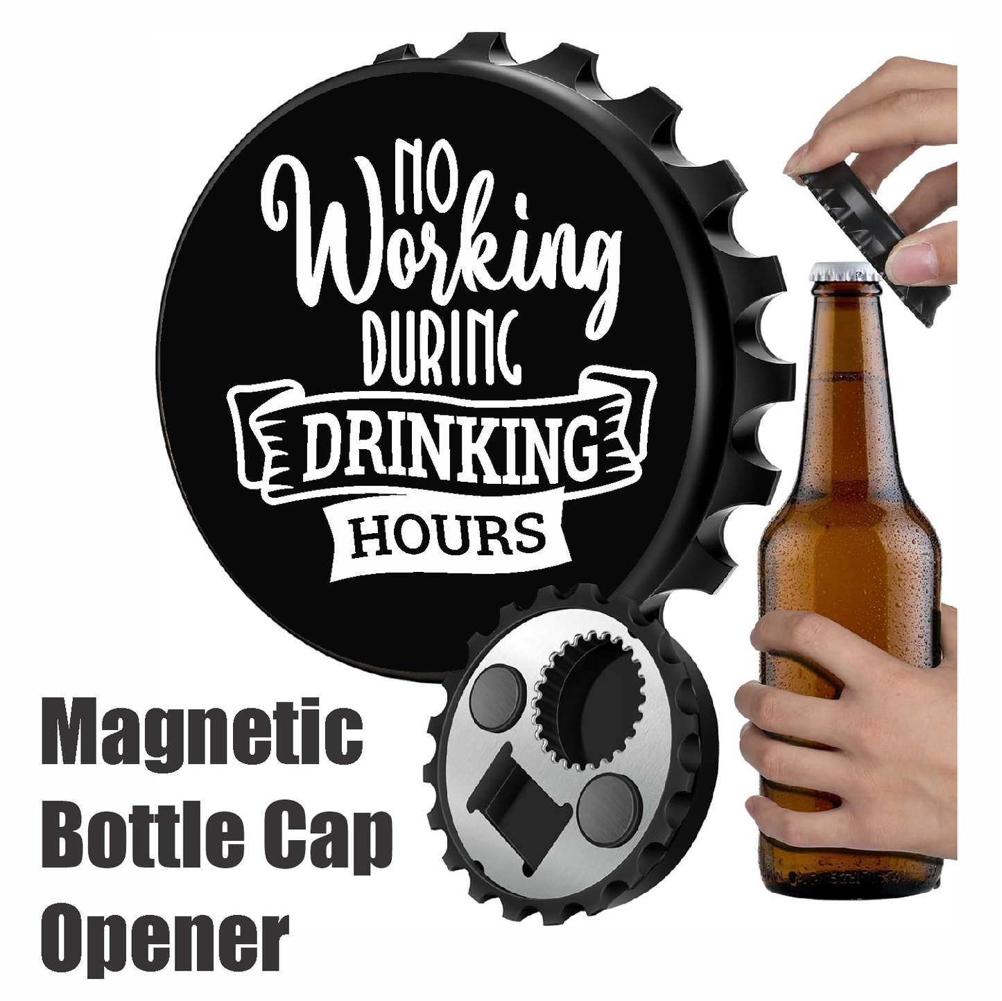 No Working During Drinking Hours - Designer Beer Bottle Opener Magnet for Refrigerator, Gifts for Beer Lovers, Black