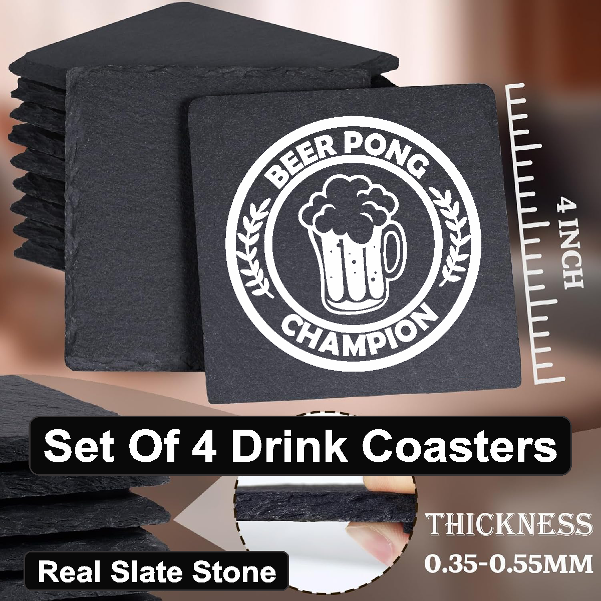 Beer Pong Champion - Set of 4 Black Slate Stone Coasters