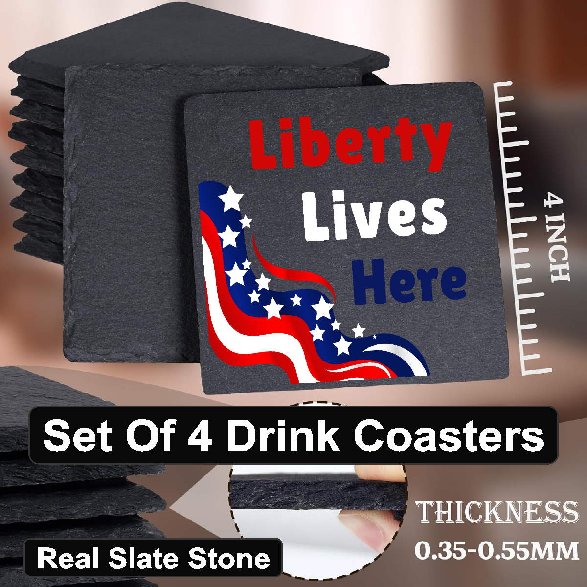 Liberty Lives Here - Set of 4 Black Slate Stone Coasters