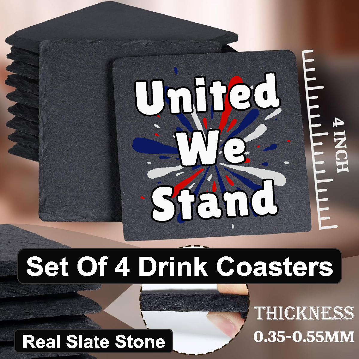 United We Stand Spash - Set of 4 Black Slate Stone Coasters