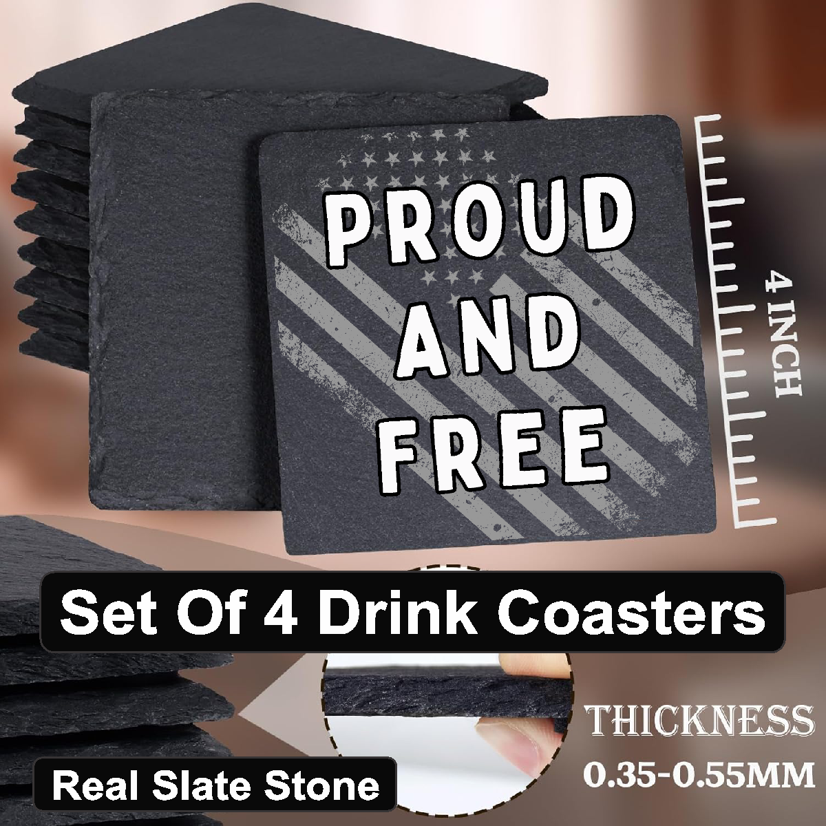 Proud and Free - Set of 4 Black Slate Stone Coasters