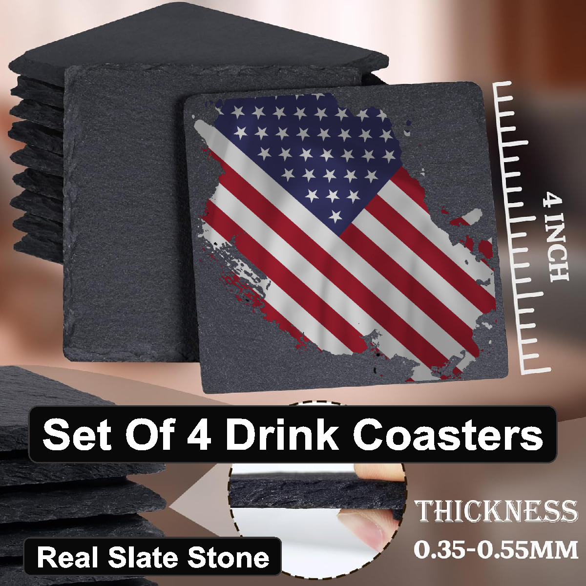 Faded Flag - Set of 4 Black Slate Stone Coasters