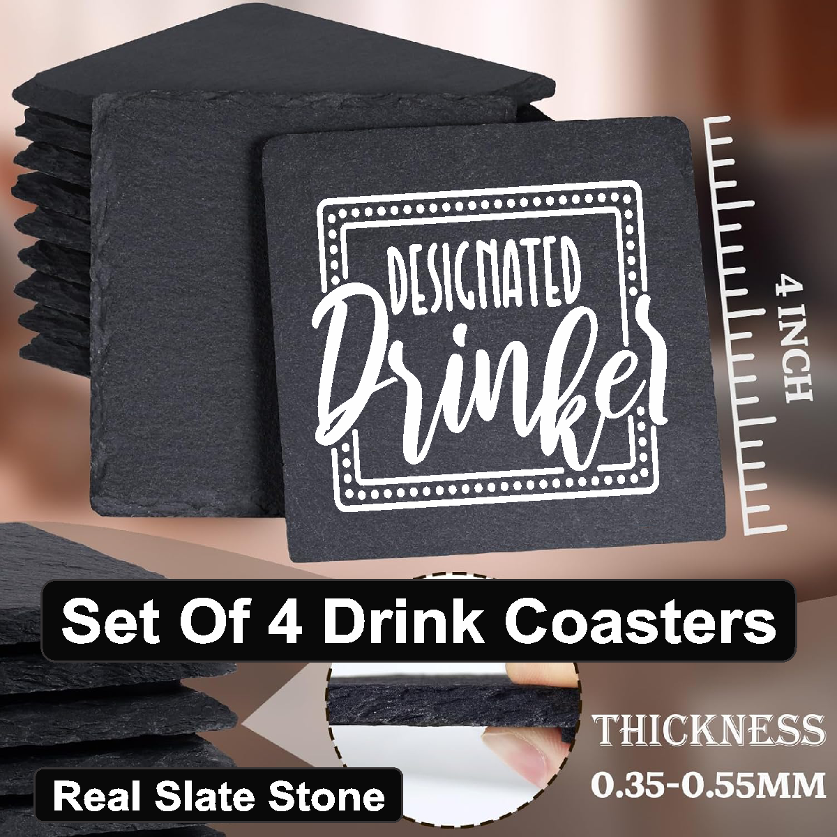 Designated Drinker - Set of 4 Black Slate Stone Coasters