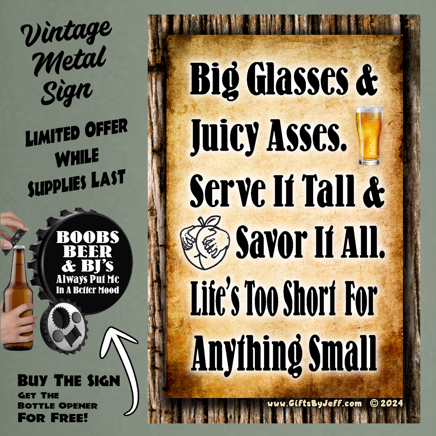 Big Glasses & Juicy Asses - 12" x 18" Vintage Metal Sign (With Free Opener)