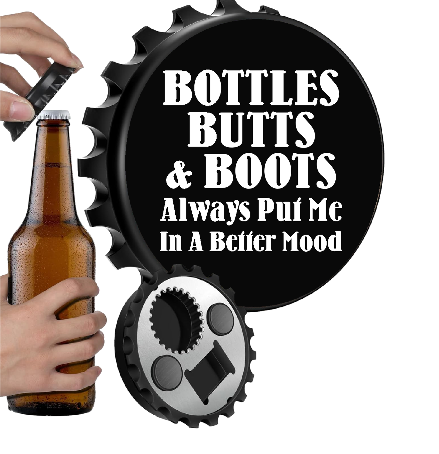 Bottles, Butts & Boots. Always Put Me In A Better Mood - 12" x 18" Vintage Metal Sign (With Free Opener)