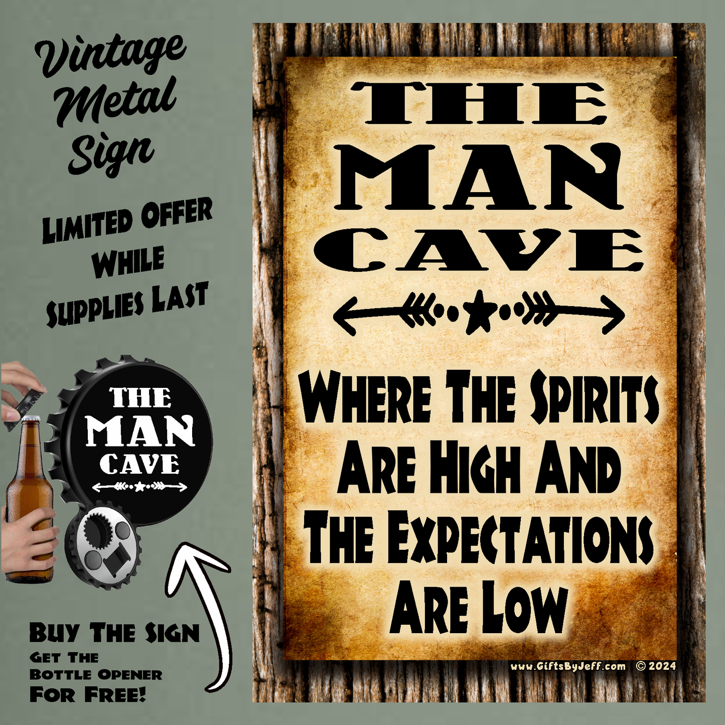 Man Cave - Where The Spirits Are High - 12" x 18" Vintage Metal Sign (Free Bottle Opener)