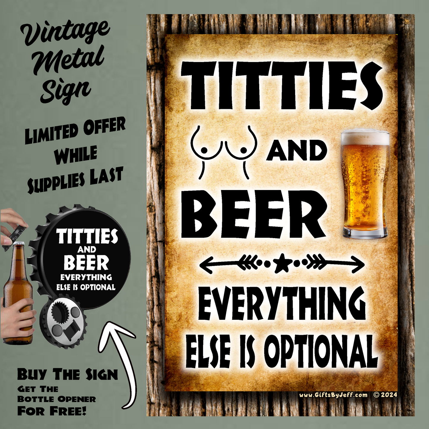 Titties And Beer, Everything Else Is Optional - 12" x 18" Vintage Metal Sign (Free Bottle Opener)