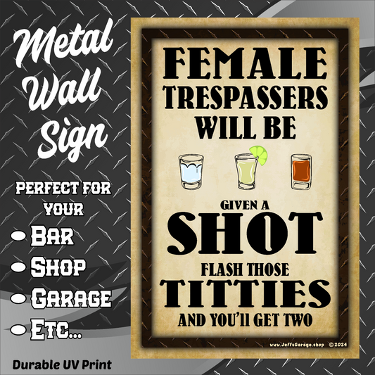 Female Trespassers Will Be Given A Shot - 12" x 18" Vintage Metal Sign