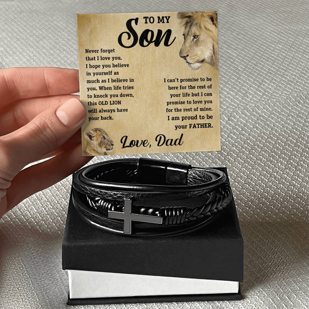 To My Son - I promise to love you for the rest of mine.  Love, Dad. - Men's Cross Leather Bracelet