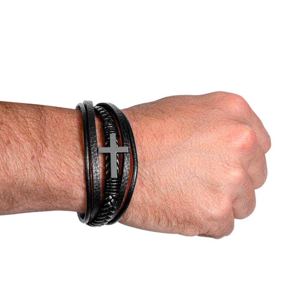 To My Son - I promise to love you for the rest of mine.  Love, Dad. - Men's Cross Leather Bracelet