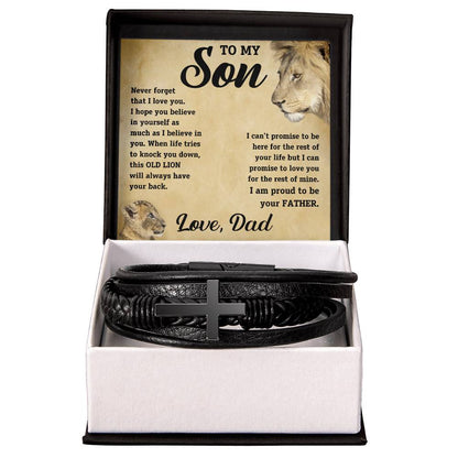 To My Son - I promise to love you for the rest of mine.  Love, Dad. - Men's Cross Leather Bracelet