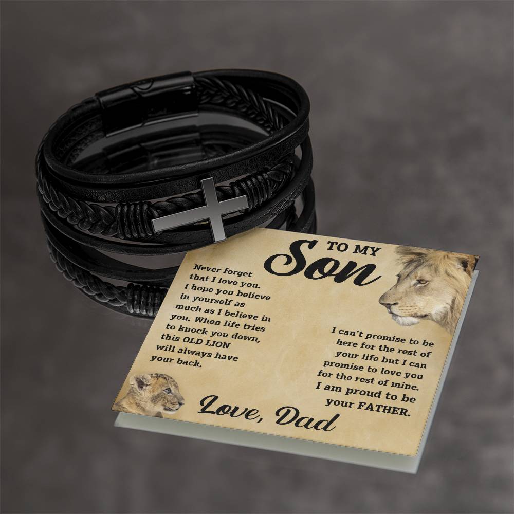 To My Son - I promise to love you for the rest of mine.  Love, Dad. - Men's Cross Leather Bracelet