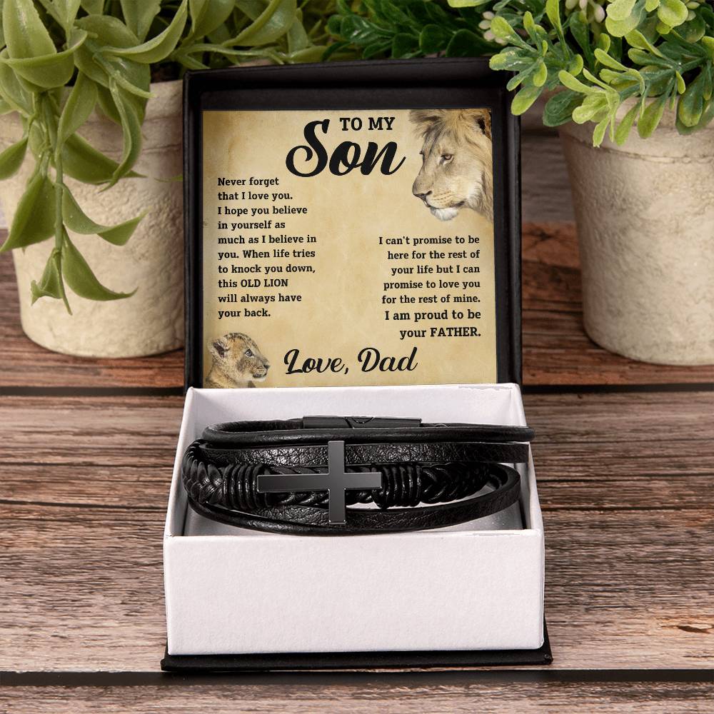 To My Son - I promise to love you for the rest of mine.  Love, Dad. - Men's Cross Leather Bracelet