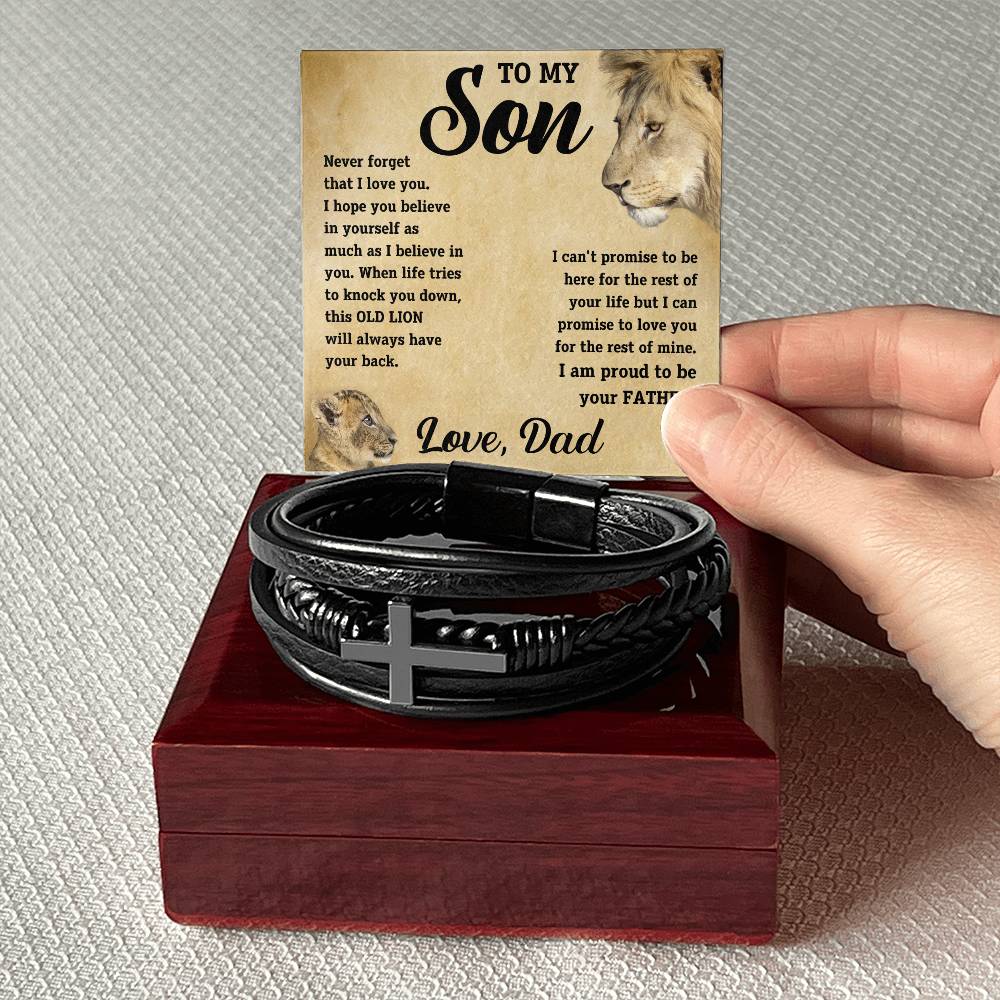 To My Son - I promise to love you for the rest of mine.  Love, Dad. - Men's Cross Leather Bracelet