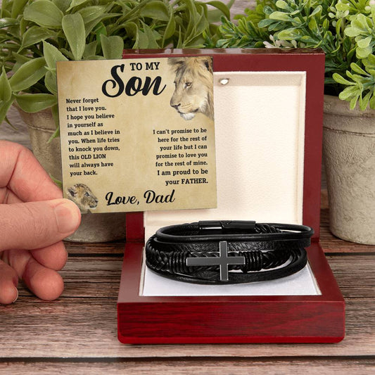 To My Son - I promise to love you for the rest of mine.  Love, Dad. - Men's Cross Leather Bracelet