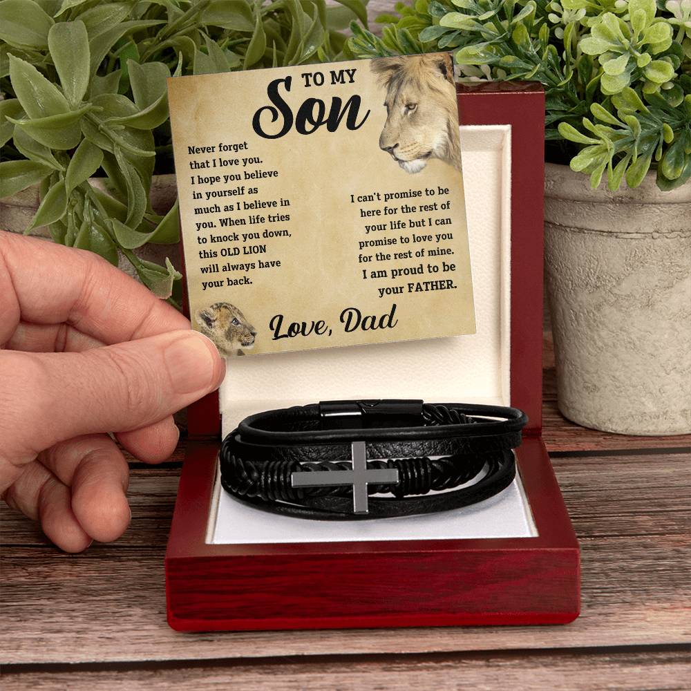 To My Son - I promise to love you for the rest of mine.  Love, Dad. - Men's Cross Leather Bracelet