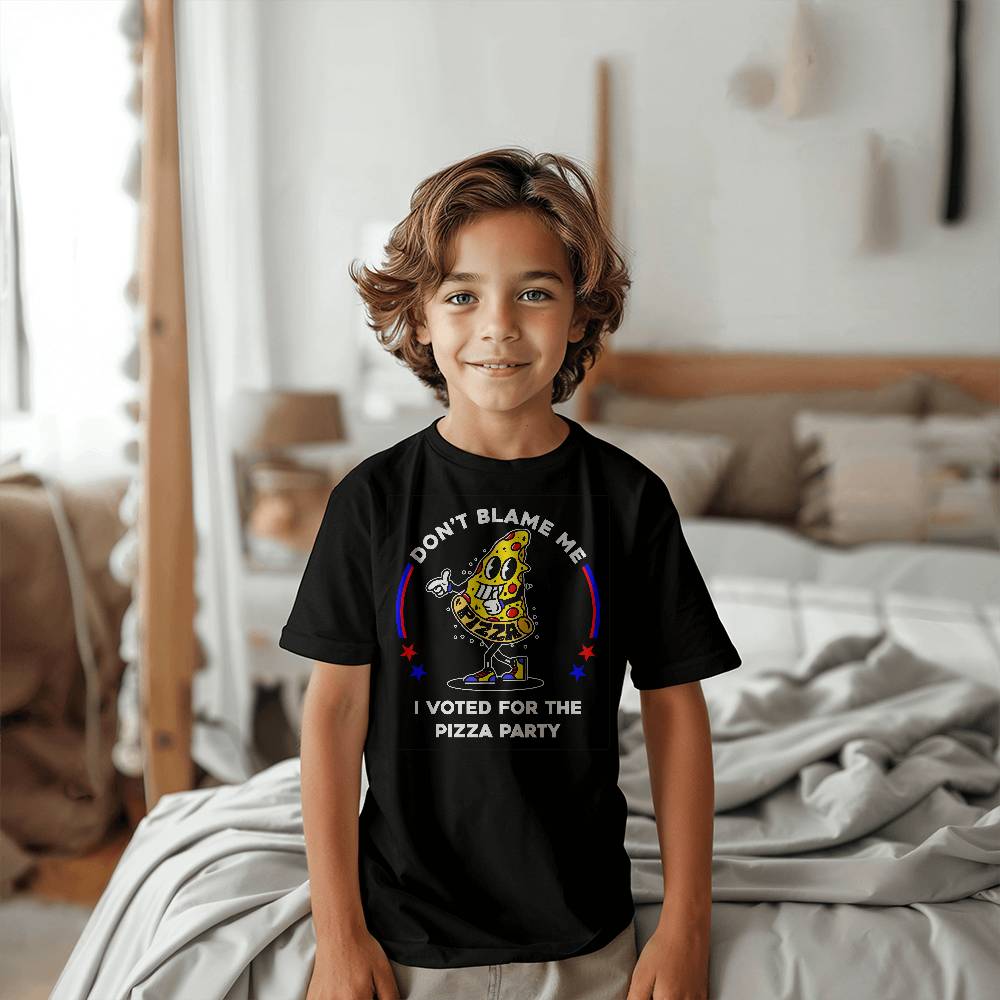 Youth Sized Black T-shirt ~ Don't Blame Me, I Voted For The Pizza Party. Funny Political Parody kids shirt