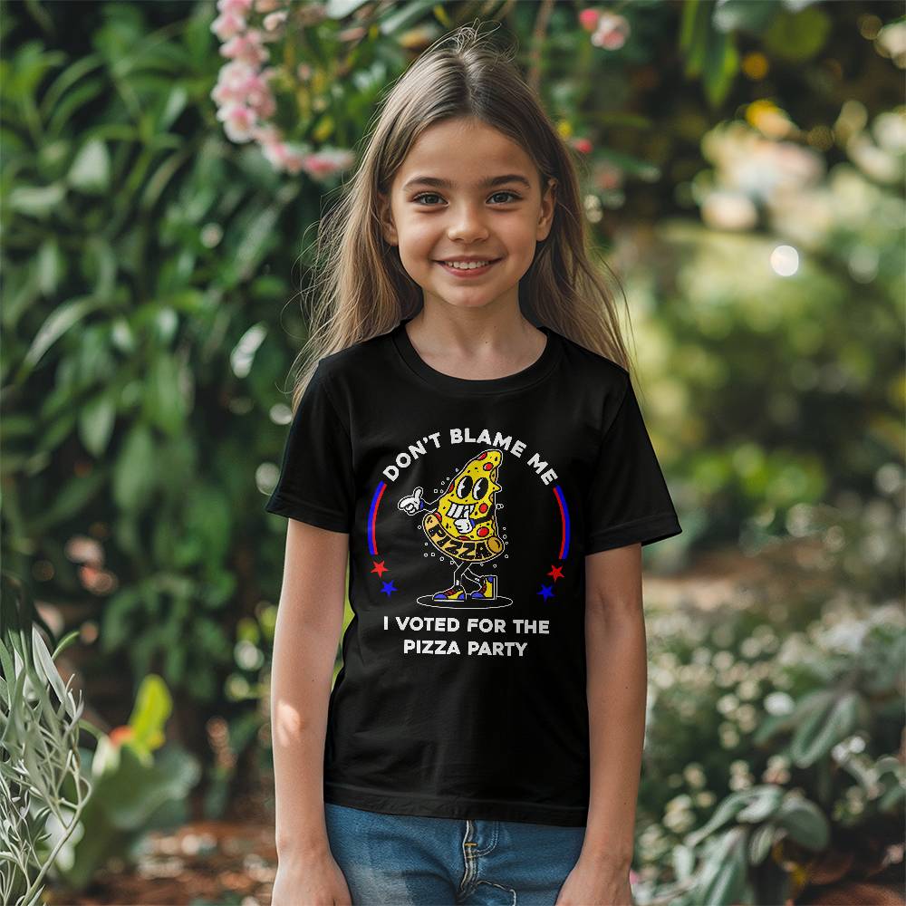 Youth Sized Black T-shirt ~ Don't Blame Me, I Voted For The Pizza Party. Funny Political Parody kids shirt