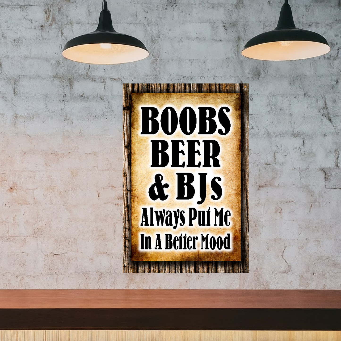 Boobs, Beer & BJs. Always Put Me In A Better Mood - 12" x 18" Vintage Metal Sign (With Free Opener)