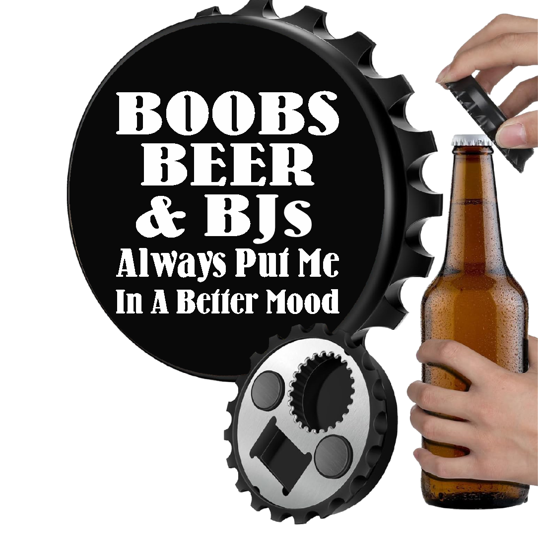 Boobs, Beer & BJs. Always Put Me In A Better Mood - 12" x 18" Vintage Metal Sign (With Free Opener)